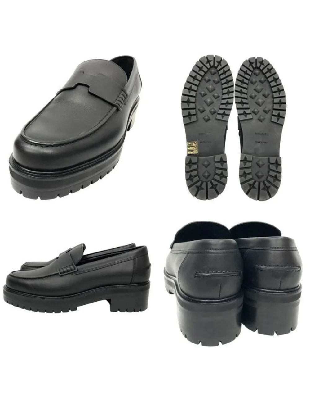 Hermes Cles Man Hitch Cut Detail Moccasins Logo Loafers Thick Sole 385 Black